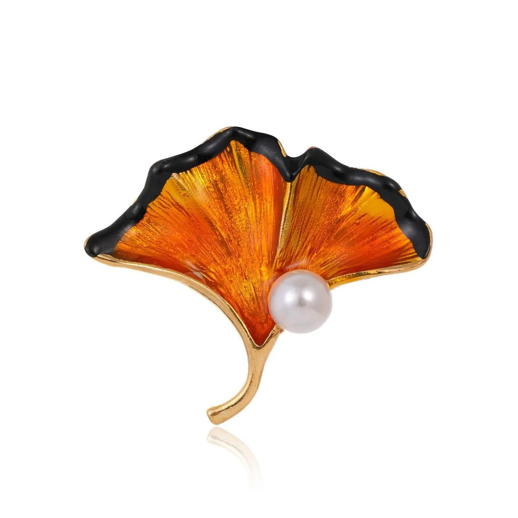 Elegant Enamel Ginkgo Leaf Brooch With Pearl Accent, Gold Alloy Plant Lapel Pin Corsage Gift