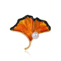Elegant Enamel Ginkgo Leaf Brooch With Pearl Accent, Gold Alloy Plant Lapel Pin Corsage Gift