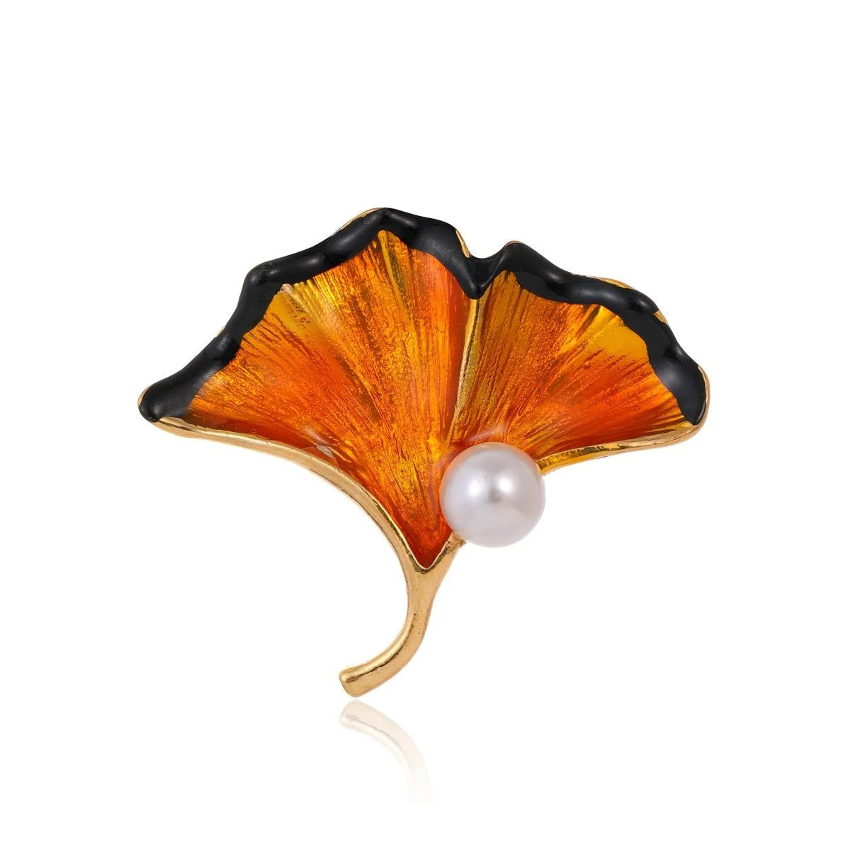 Elegant Enamel Ginkgo Leaf Brooch With Pearl Accent, Gold Alloy Plant Lapel Pin Corsage Gift