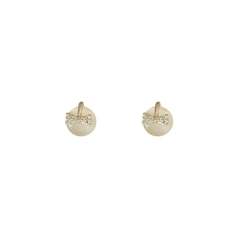French Style Copper Glass Cat Eye Bow Stud Earrings Mini Round Geometric Fashion Jewelry