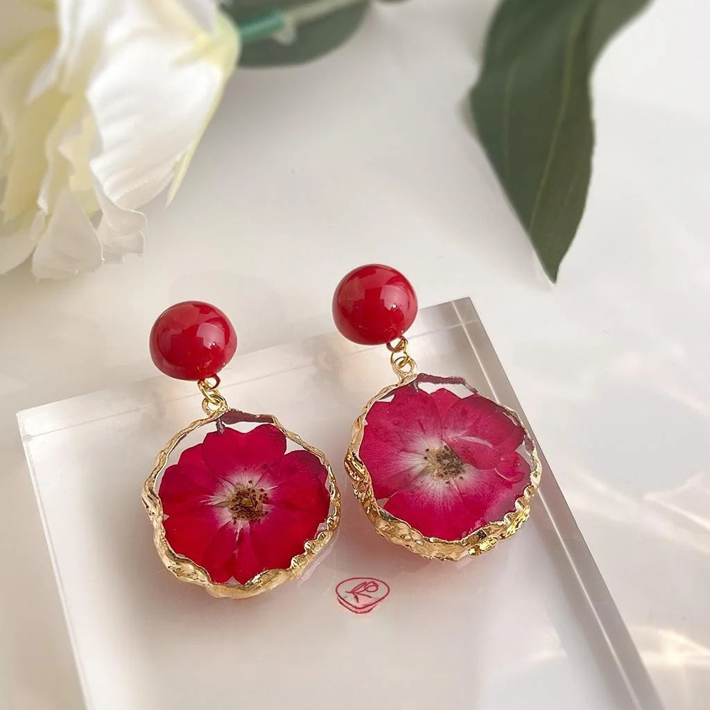 Natural Dried Flower Petal Drop Earrings Sweet Vacation Style Floral Statement Jewelry