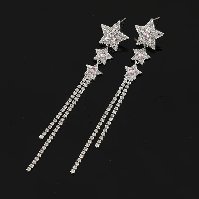 Elegant Luxury Rhinestone Star Charm Long Chain Tassel Stud & Clip On No Piercing Dangle Earrings