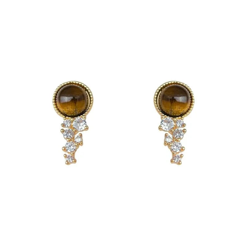 14K Plated Copper Tiger Eye Stone Zircon Round Stud Earrings