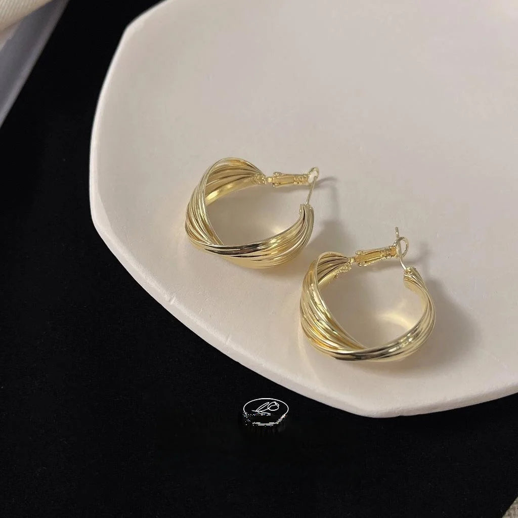 Klein Style Geometric Hoop Stud Earrings, 14K Plated Metal Minimalist Korean Jewelry