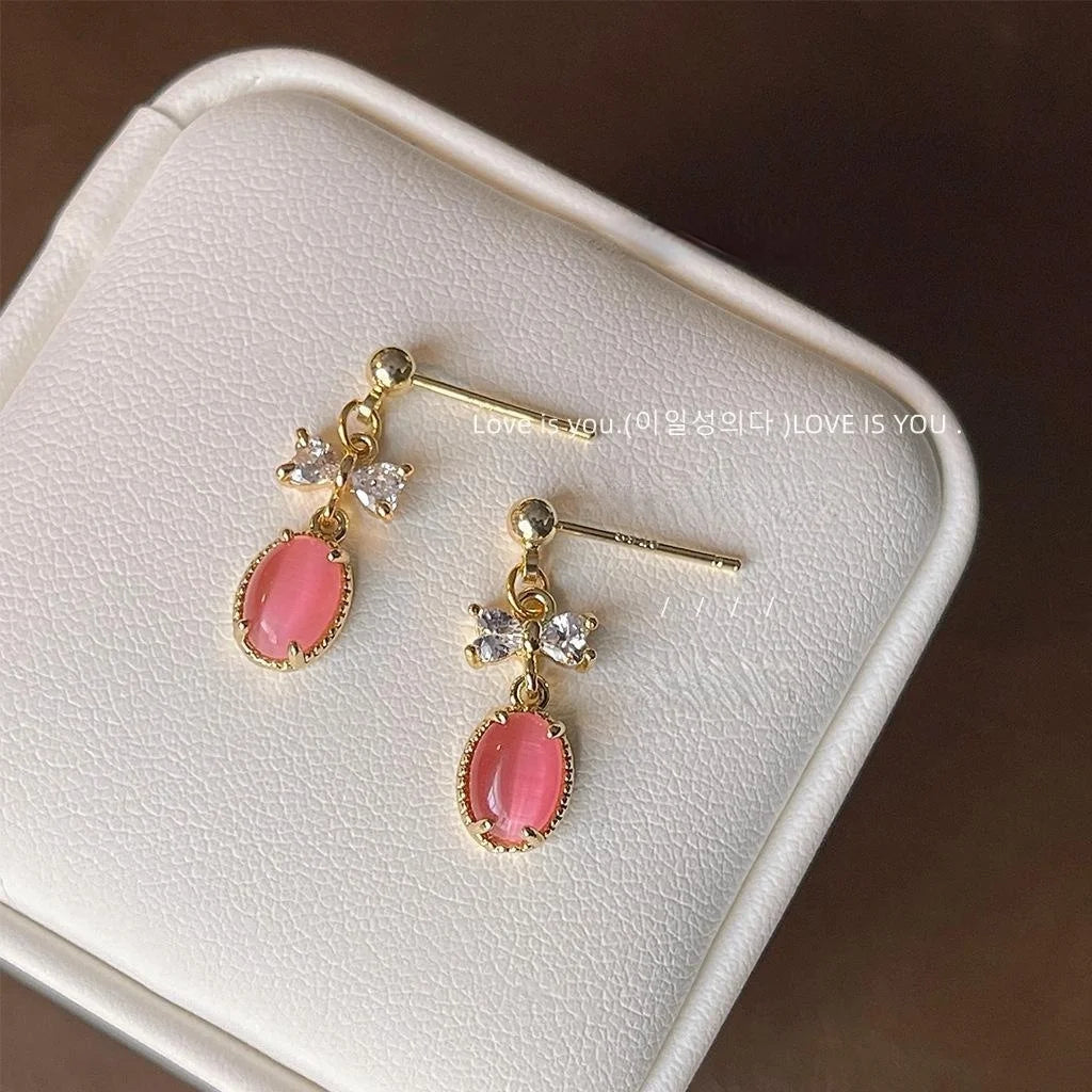 Sweet Pink Vintage French Court Style Micro Pave Zircon Bow Stud Earrings