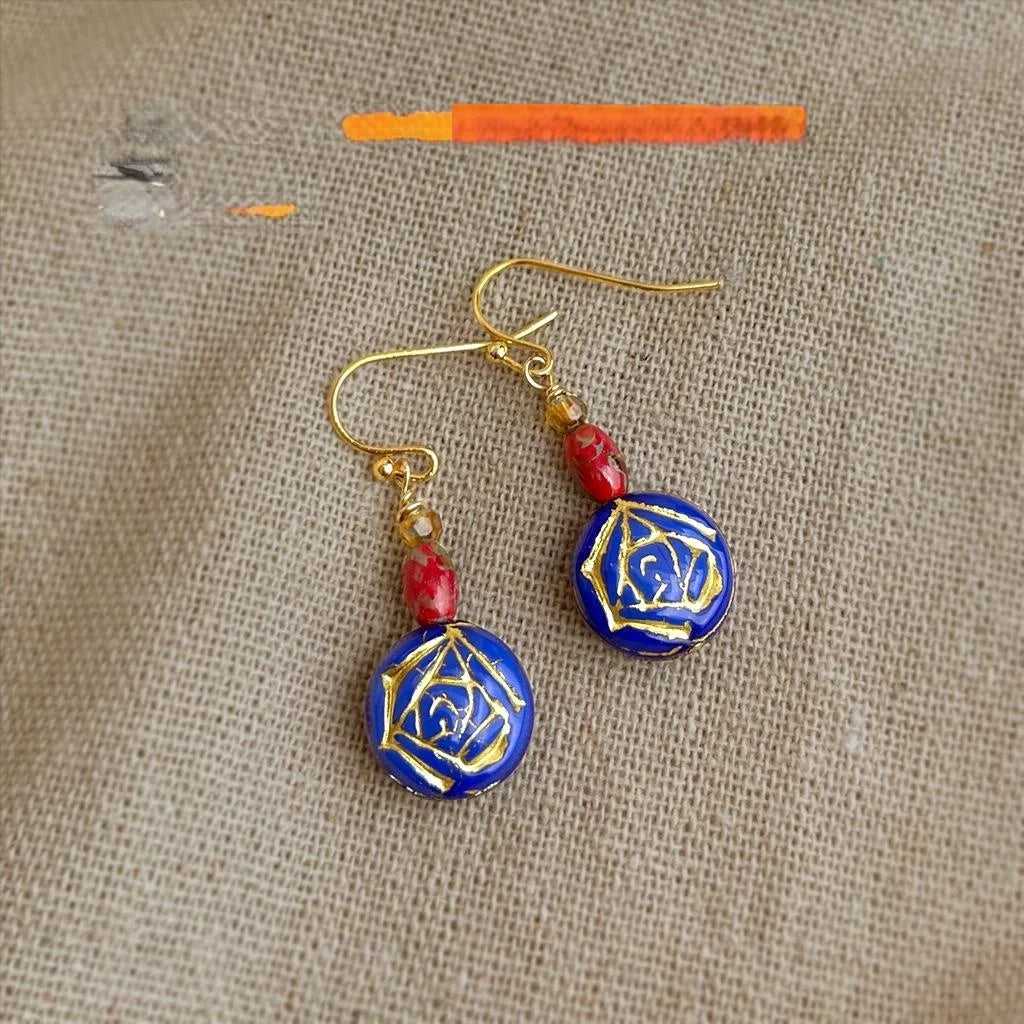 Vintage New Chinese Style Blue Glass Crystal Rose Geometric Round Drop Earrings