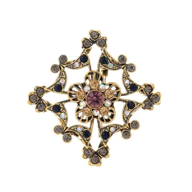 Vintage Baroque Flower Rhinestone Alloy Brooch Elegant Crystal Lapel Pin For Coat Cardigan Suit Accessory