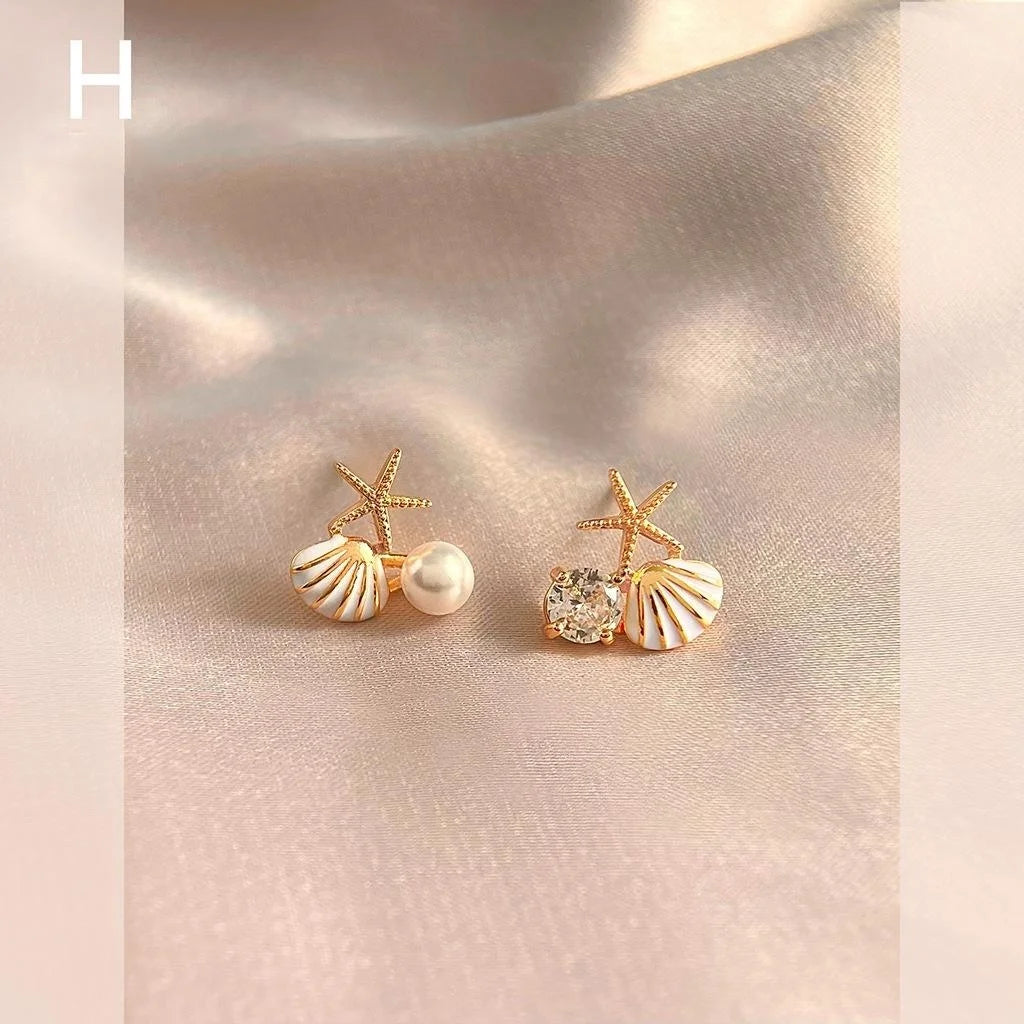 14K Plated Copper Micro Pave Zircon Asymmetric Starfish Stud Earrings, Niche Shell Design