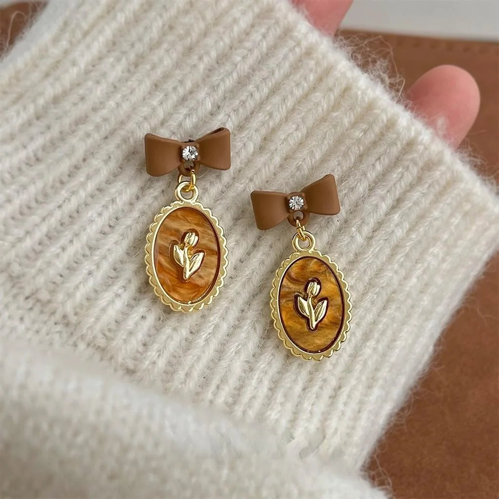 High End Maillard Brown Bow Tassel Drop Earrings With Rhinestone Resin Lacquer