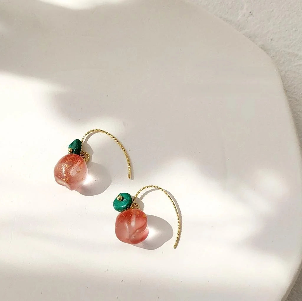Cute Peach Glass Drop Earrings For Women Versatile Fruit Design Spring Summer Jewelry