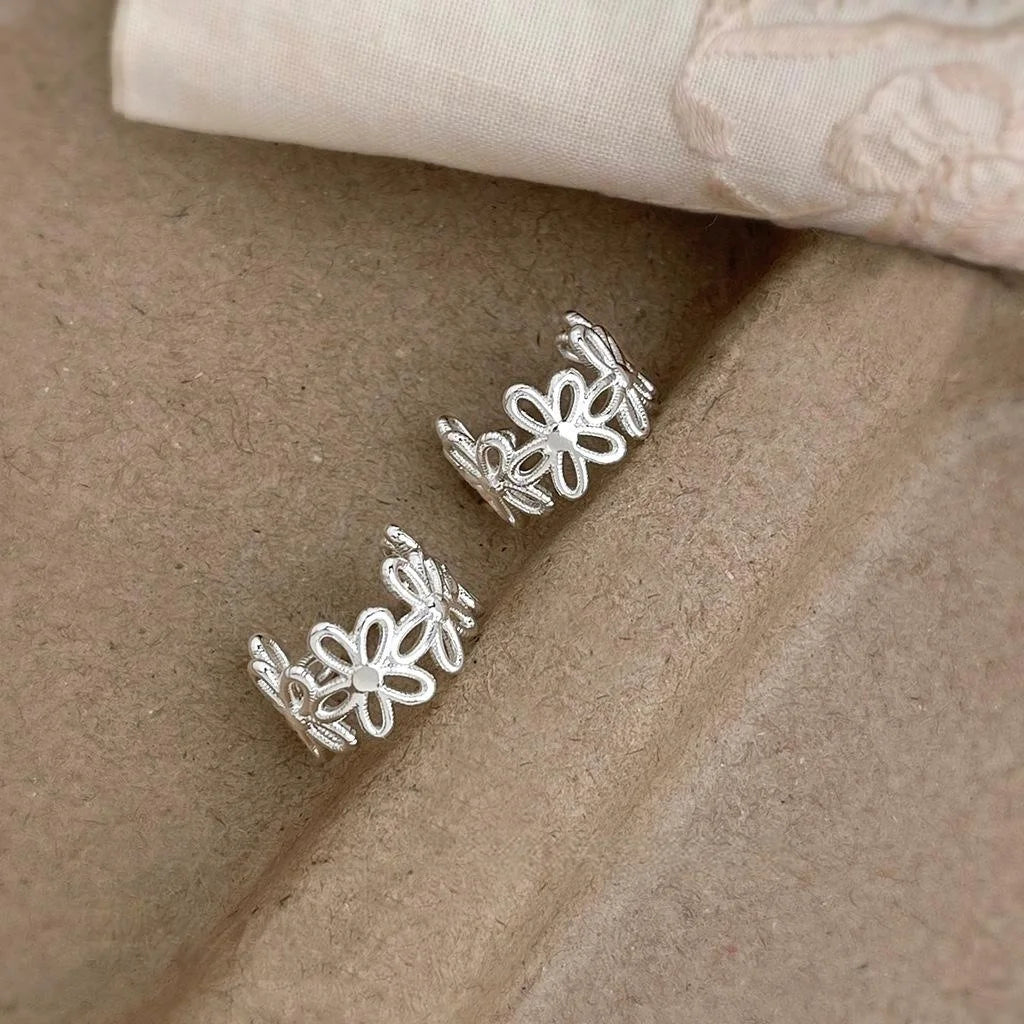 Thick Silver Plated Copper Lace Hollow Flower Petal Fairy Style Drop Earrings