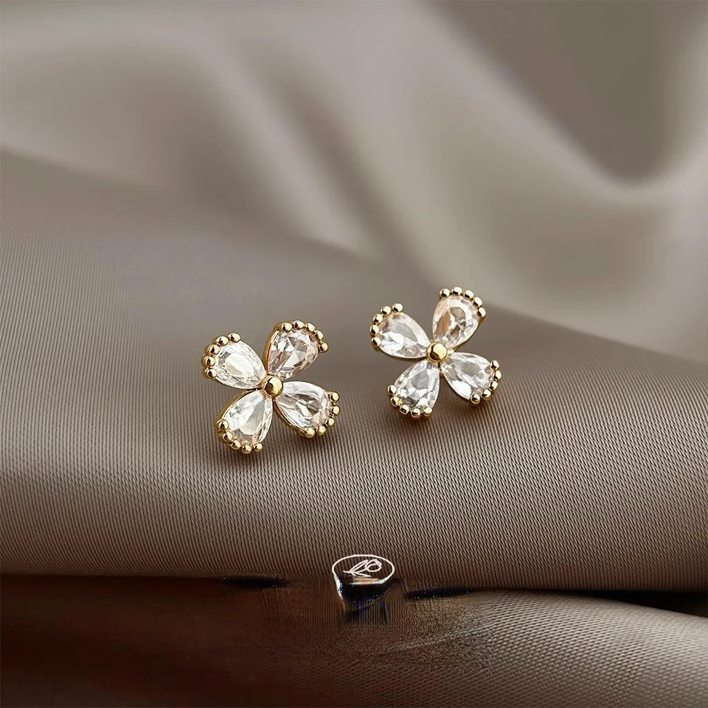 Mini 14K Plated Zircon Flower Petal Stud Earrings For Women Simple Commuter Jewelry