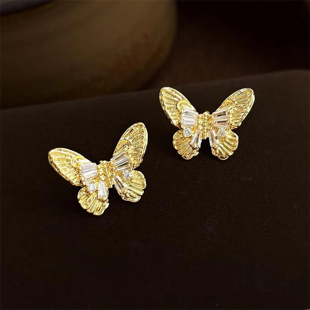 French Vintage Micro Pave Zircon Butterfly Drop Earrings Textured Elegant Jewelry