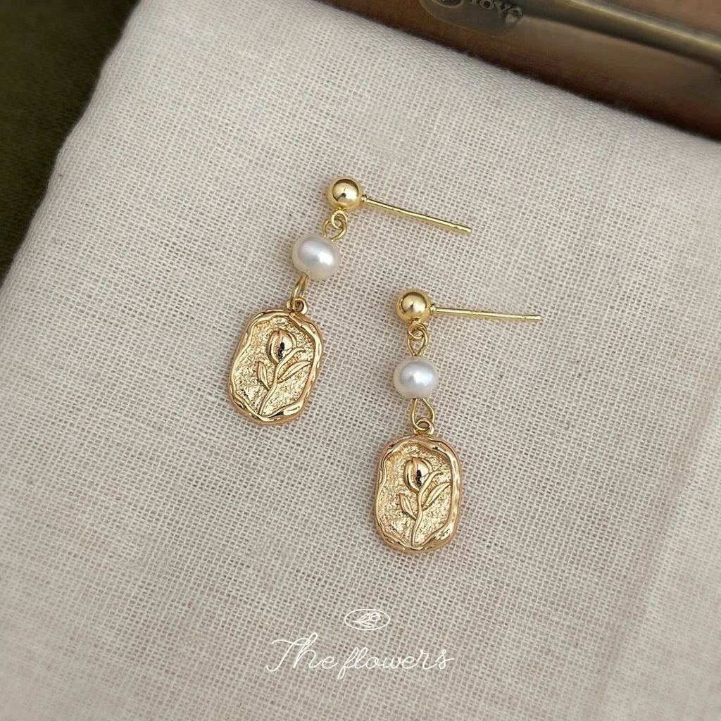 Natural Freshwater Pearl Tulip Flower Drop Earrings Vintage Rose Floral Jewelry