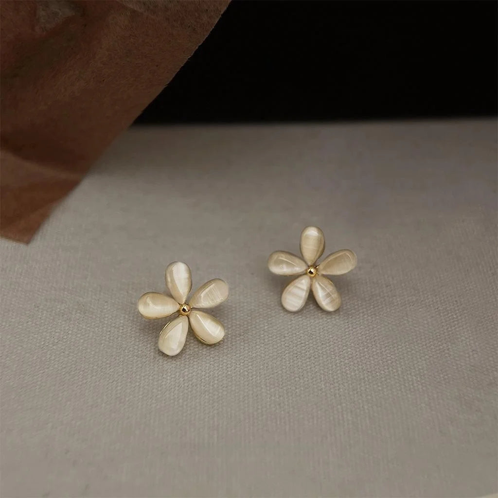 14K Gold Plated Copper Glass Cat Eye Flower Stud Earrings Sweet Forest Style Jewelry