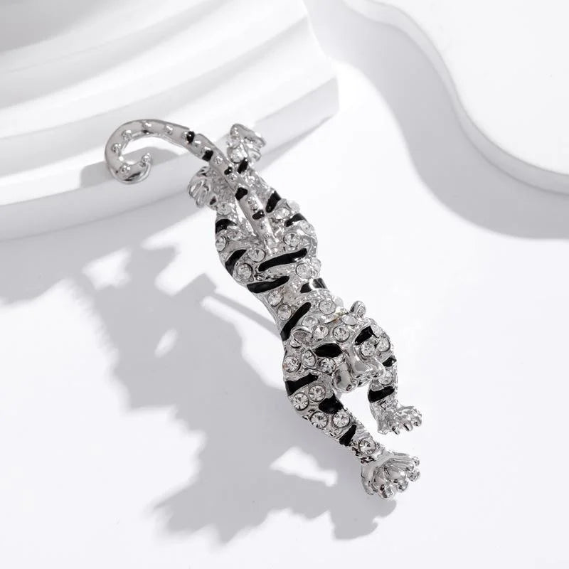 Luxury Rhinestone Tiger Brooch With Black Enamel Stripes, Alloy Animal Lapel Pin Suit Coat Corsage Gift