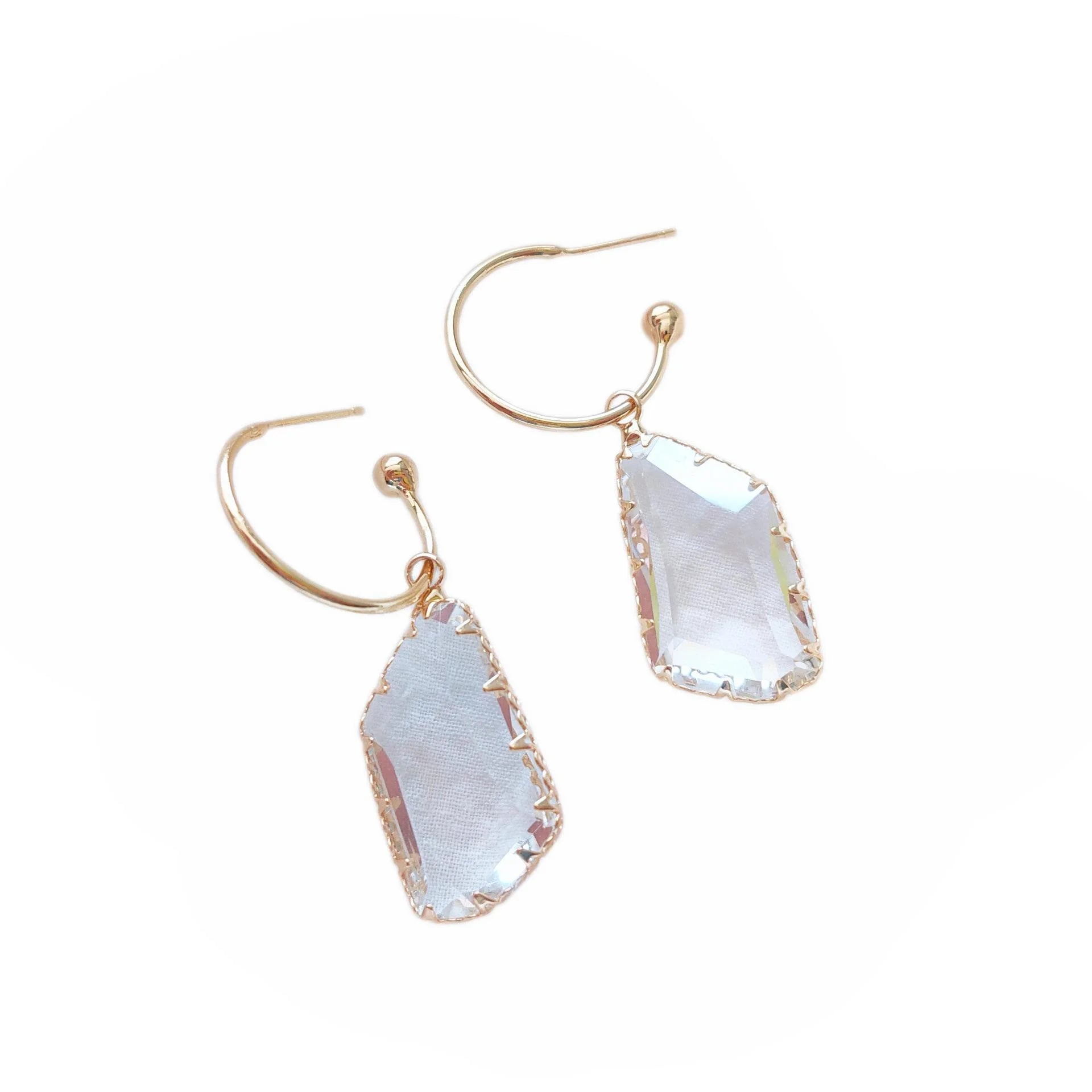 14K Gold Plated Irregular Transparent Crystal Drop Earrings Minimalist Geometric Style