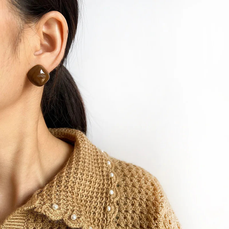 Elegant Vintage Luxury Coffee Brown Square Enamel Alloy Coil Stud & Clip On No Piercing Earrings
