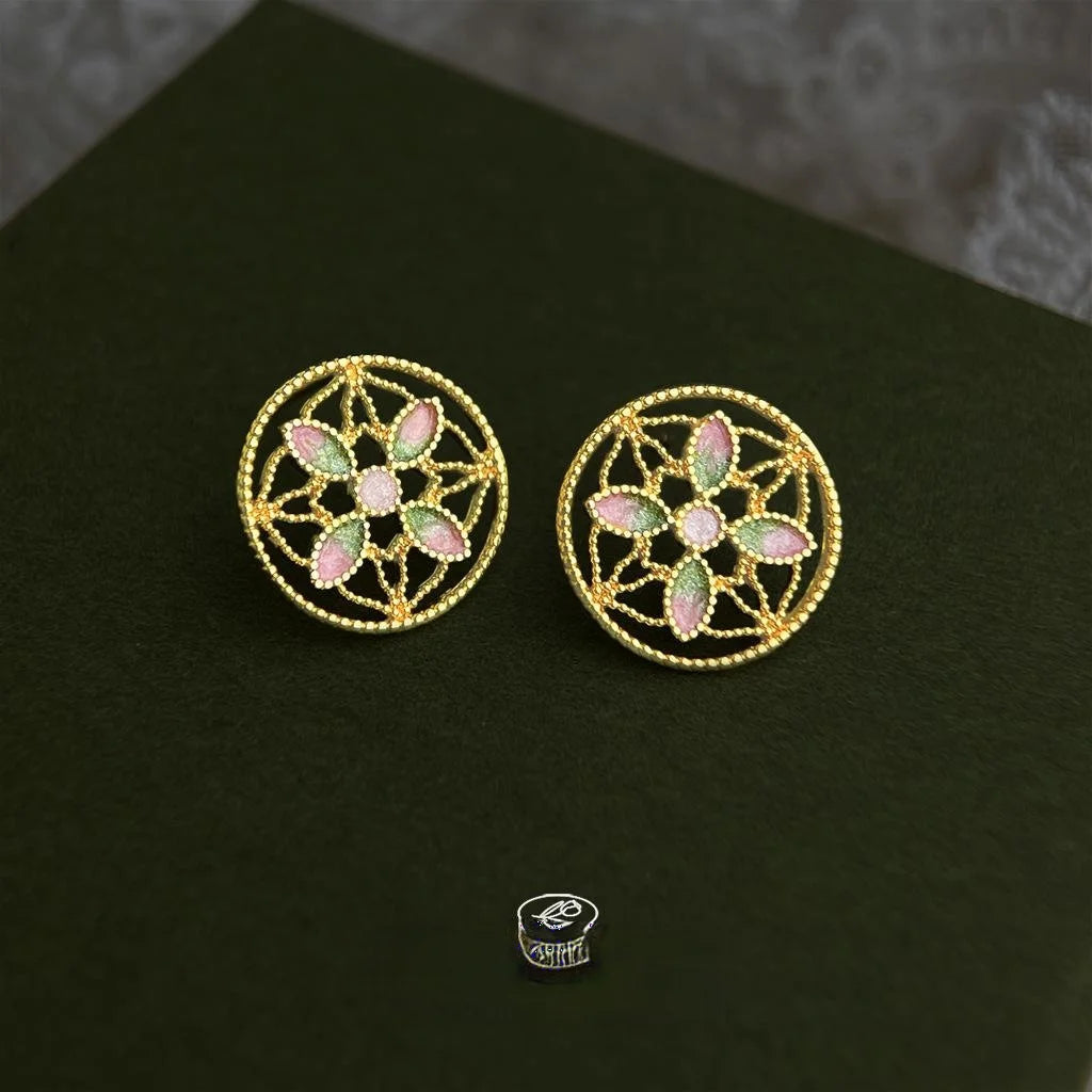 Original Chinese Style Enamel Painted Lotus Copper Stud Earrings With Silver Plated Pins