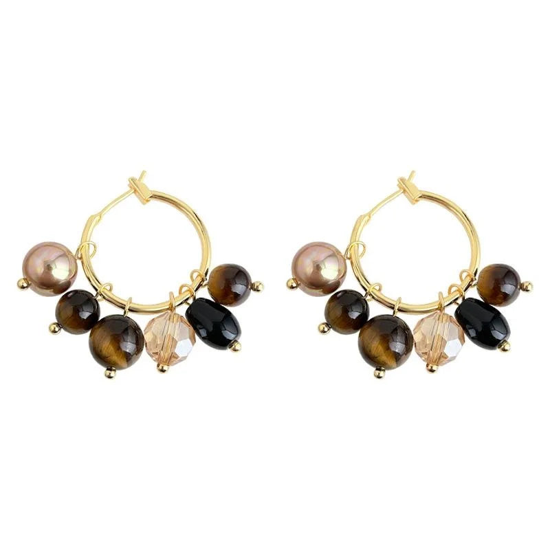 Handmade Vintage Geometric Copper Hoop Earrings With Tiger Eye Stone Glass Pearl Crystal Black Agate