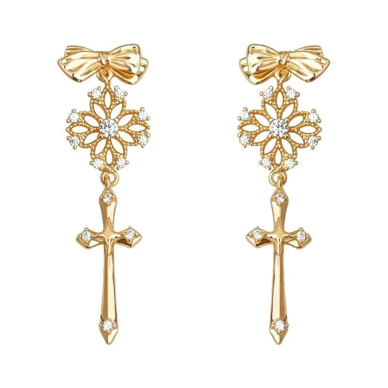 14K Plated Copper Hollow Lace Cross Bow Drop Earrings Old Money Floral Designer Jewelry