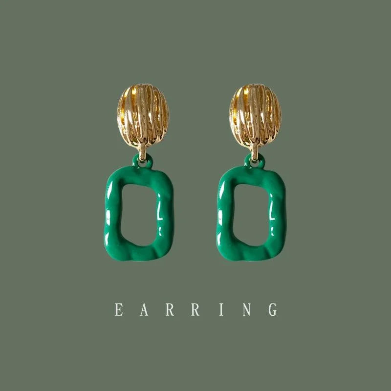 French Vintage Copper Hollow Enamel Geometric Square Stud Earrings With Ring Line Design