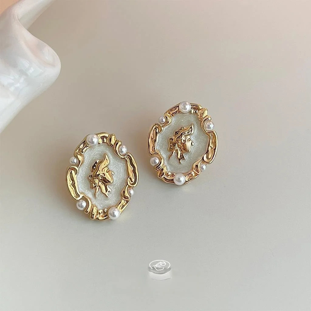 French Vintage Irregular Enamel Beauty Portrait Copper Pearl Stud Earrings For Women