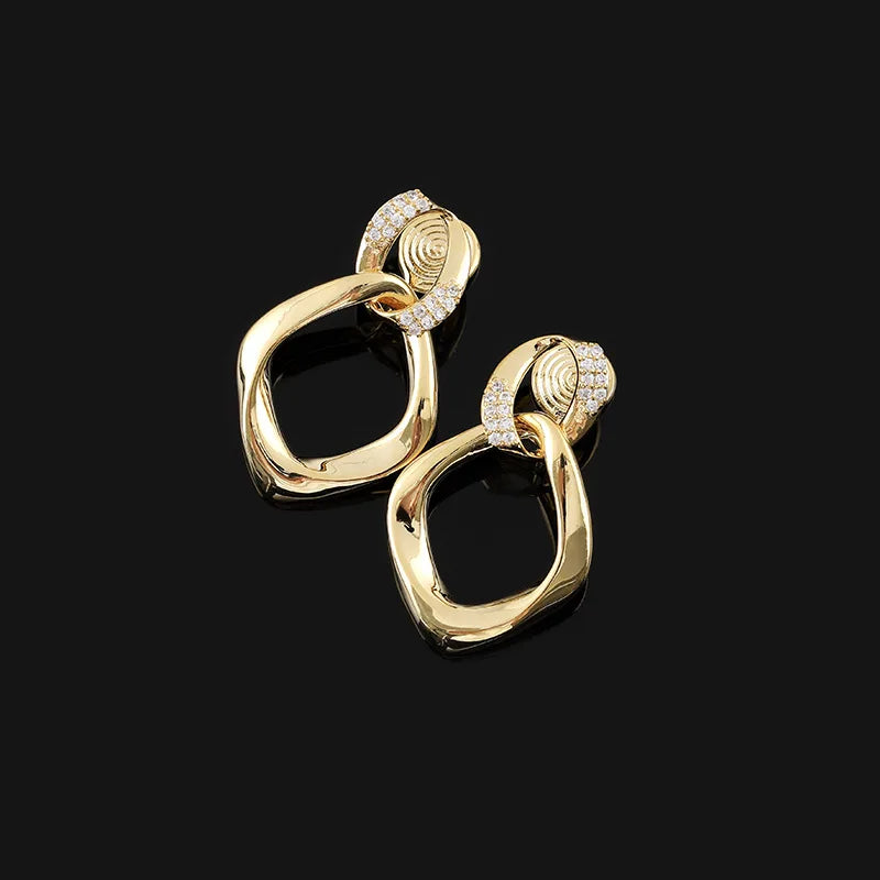 Elegant Gold Alloy Zircon Geometric Double Linked Hoop Drop Stud & Clip On No Piercing Earrings
