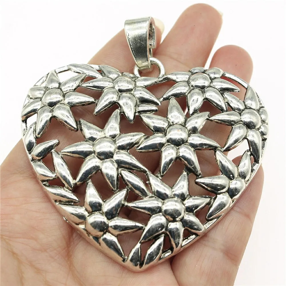 72x67mm 22.1g Antique Silver Zinc Alloy Flower Heart Charm Pendant for DIY Necklace Jewelry Making