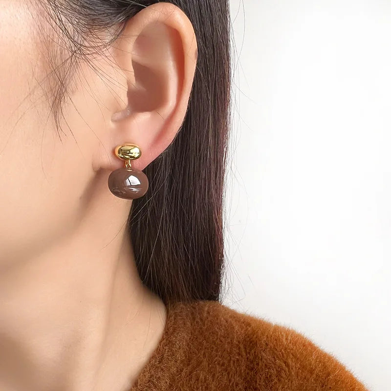 Elegant Gold Alloy Spiral Disk Coffee Enamel Bean Stud & Clip On No Piercing Drop Earrings