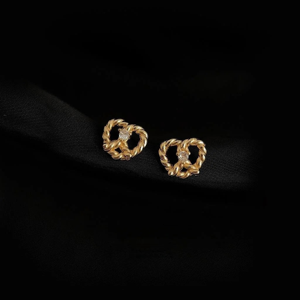 14K Plated Copper Heart Stud Earrings, Mini Micro Pave Zircon Everyday Jewelry