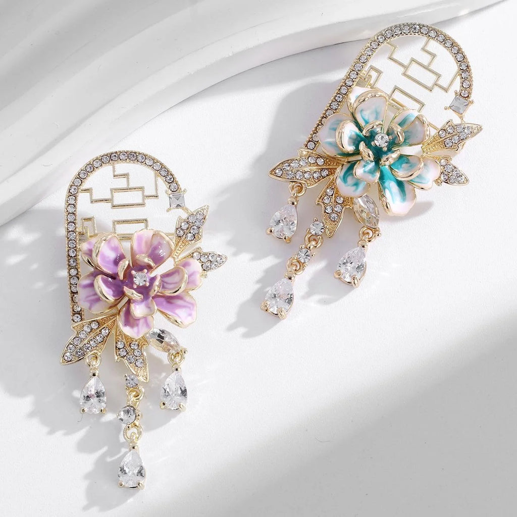 Elegant Chinese Style Enamel Peony Flower Tassel Brooch With Rhinestone Zircon, Alloy Lapel Pin Corsage Gift
