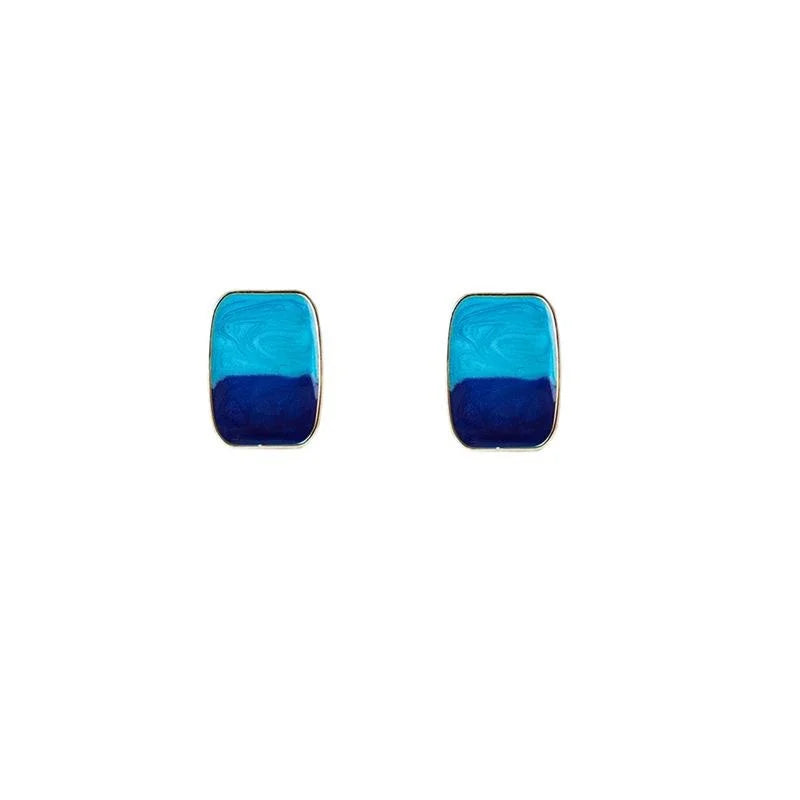 Blue Gradient Alloy Geometric Stud Earrings French Retro Enamel Ocean Vacation Style Jewelry