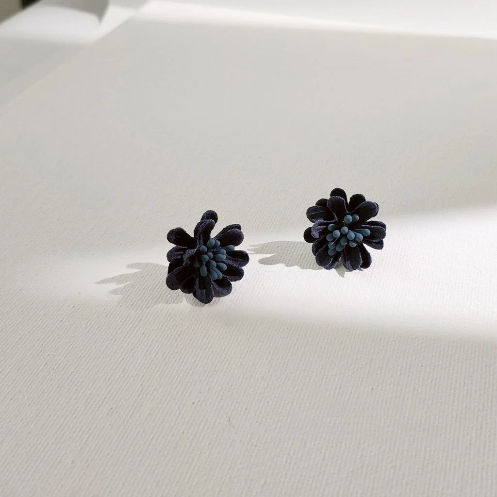 Vintage Haze Blue Fabric Rose Flower Drop Earrings Handmade 3D Floral Statement Jewelry