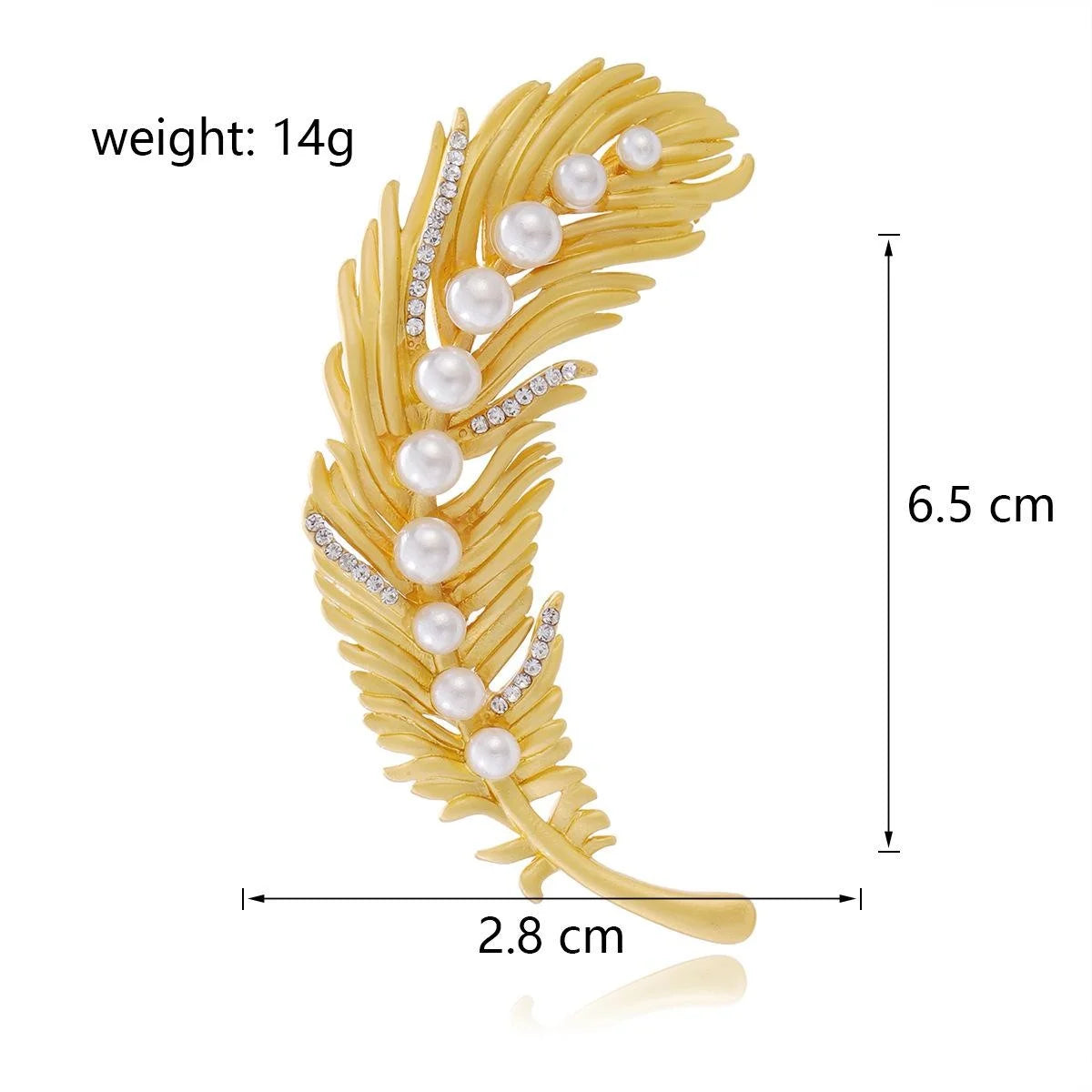 Elegant Gold Alloy Feather Brooch With Pearl And Rhinestone Accents, Luxury Lapel Pin Corsage Gift