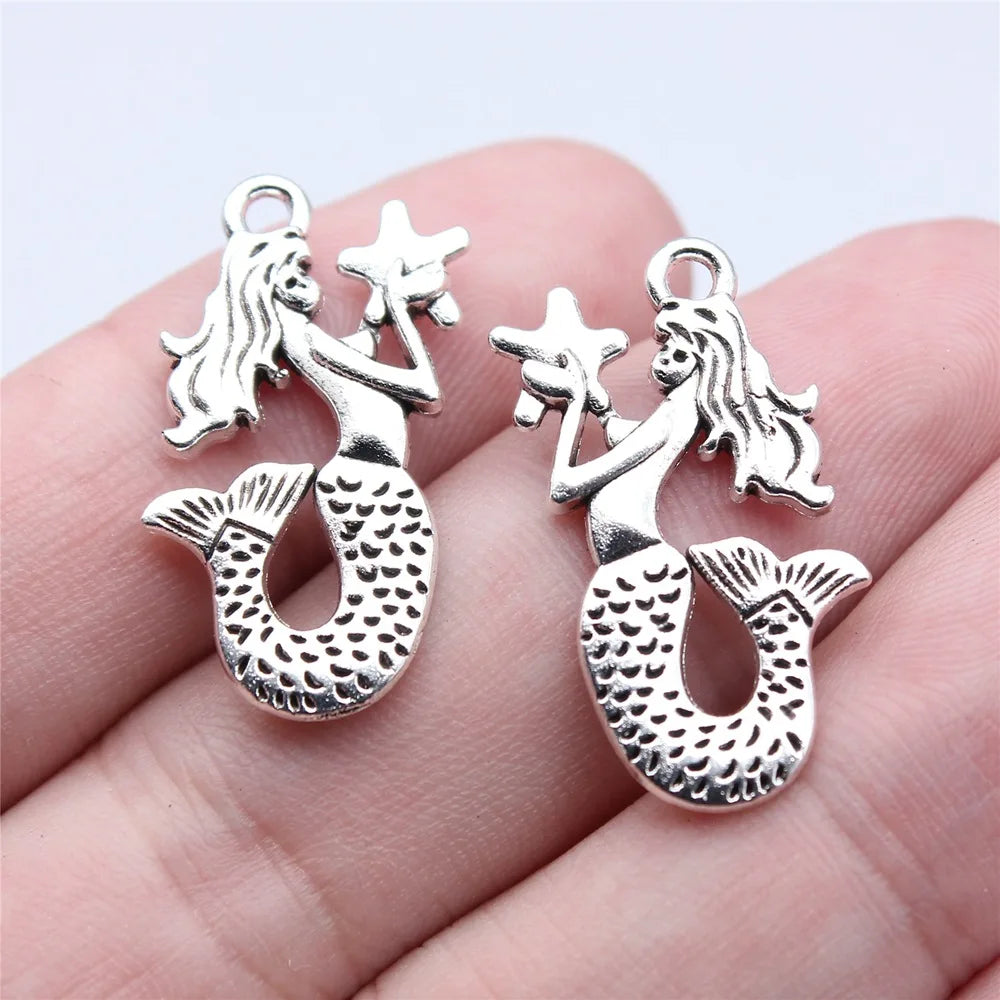 14x28mm 2.3g Antique Silver Zinc Alloy Mermaid Holding Star Charm Pendant for DIY Jewelry Making