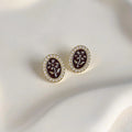 Vintage Burgundy Alloy Pearl Flower Stud Earrings Handmade Enamel Oval Hepburn Style