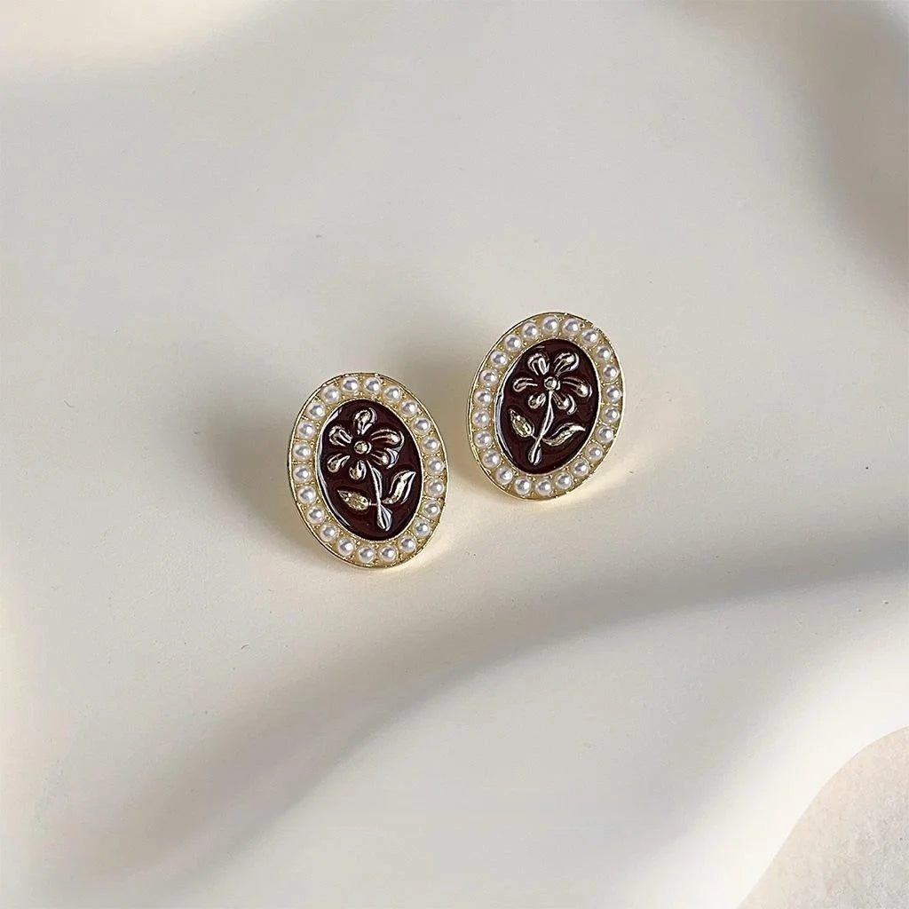Vintage Burgundy Alloy Pearl Flower Stud Earrings Handmade Enamel Oval Hepburn Style