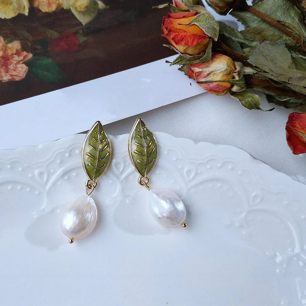 14K Gold Plated Enamel Leaf Freshwater Pearl Stud Earrings, Geometric Luxury Style