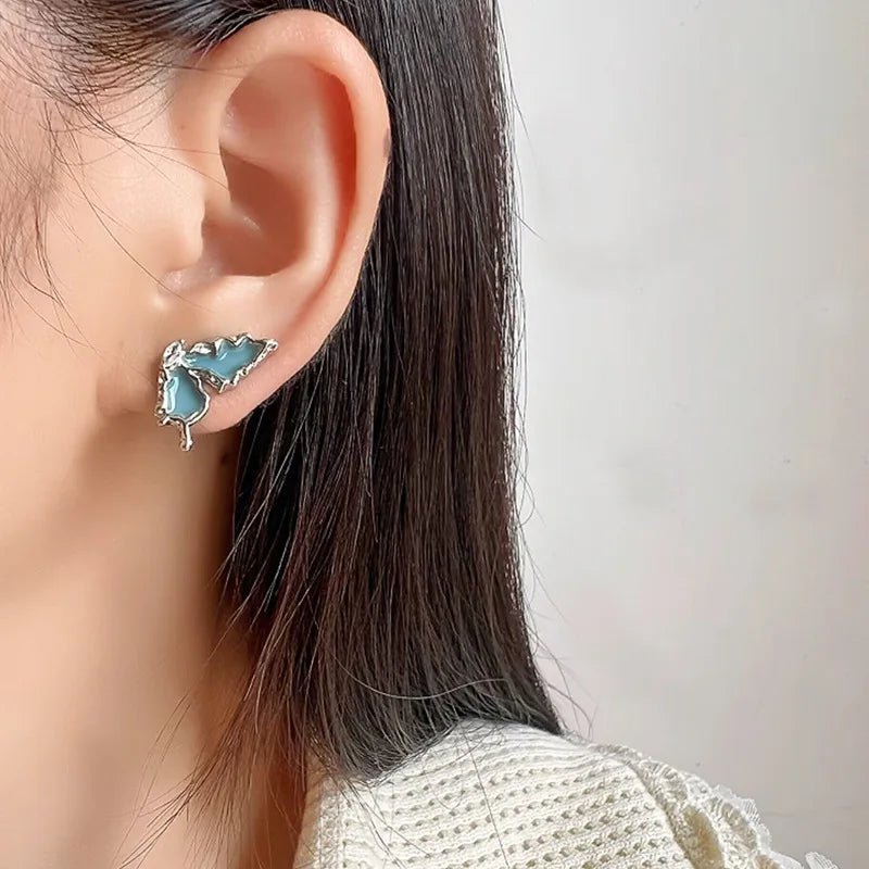 Elegant Blue Enamel Zircon Butterfly Wing Stud & Clip On No Piercing Women's Fashion Party Earrings