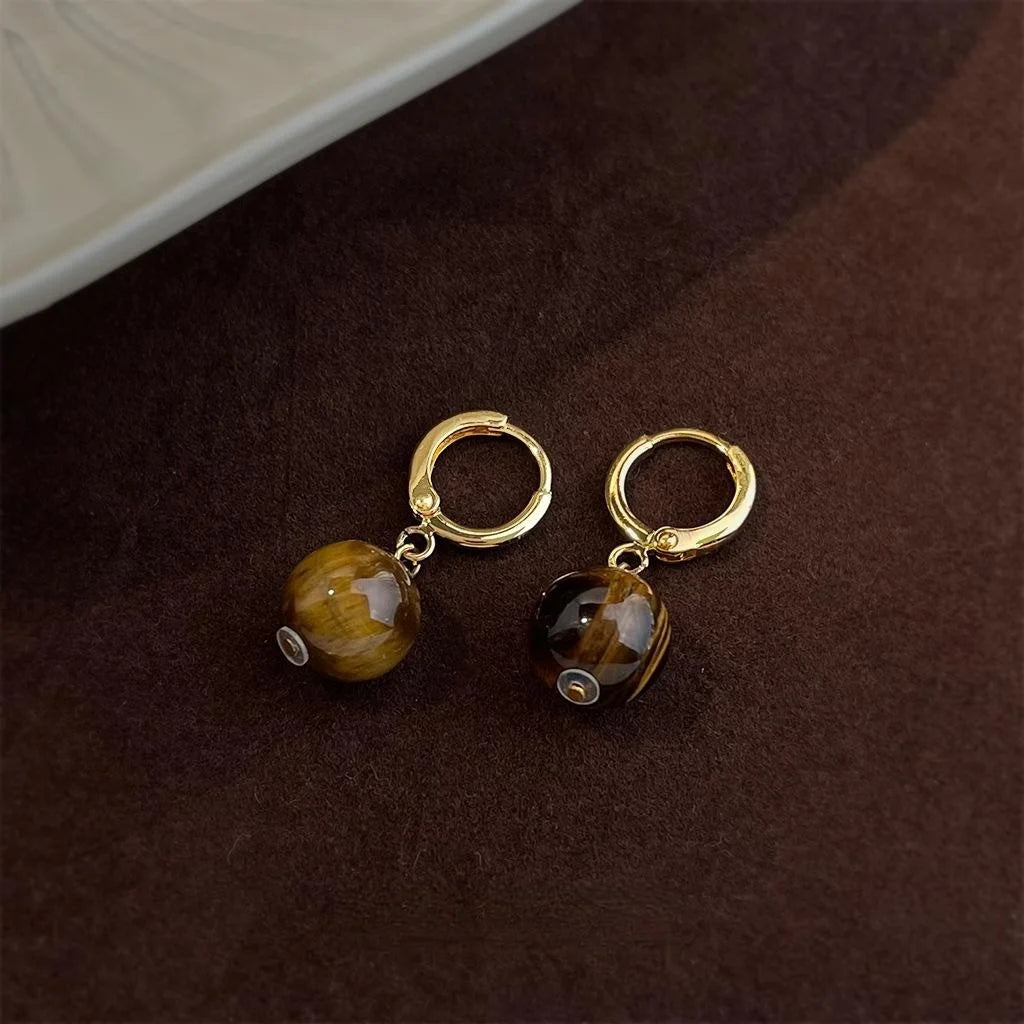Maillard Style Copper Tiger Eye Geometric Round Hoop Earrings For Women Retro Luxury Jewelry