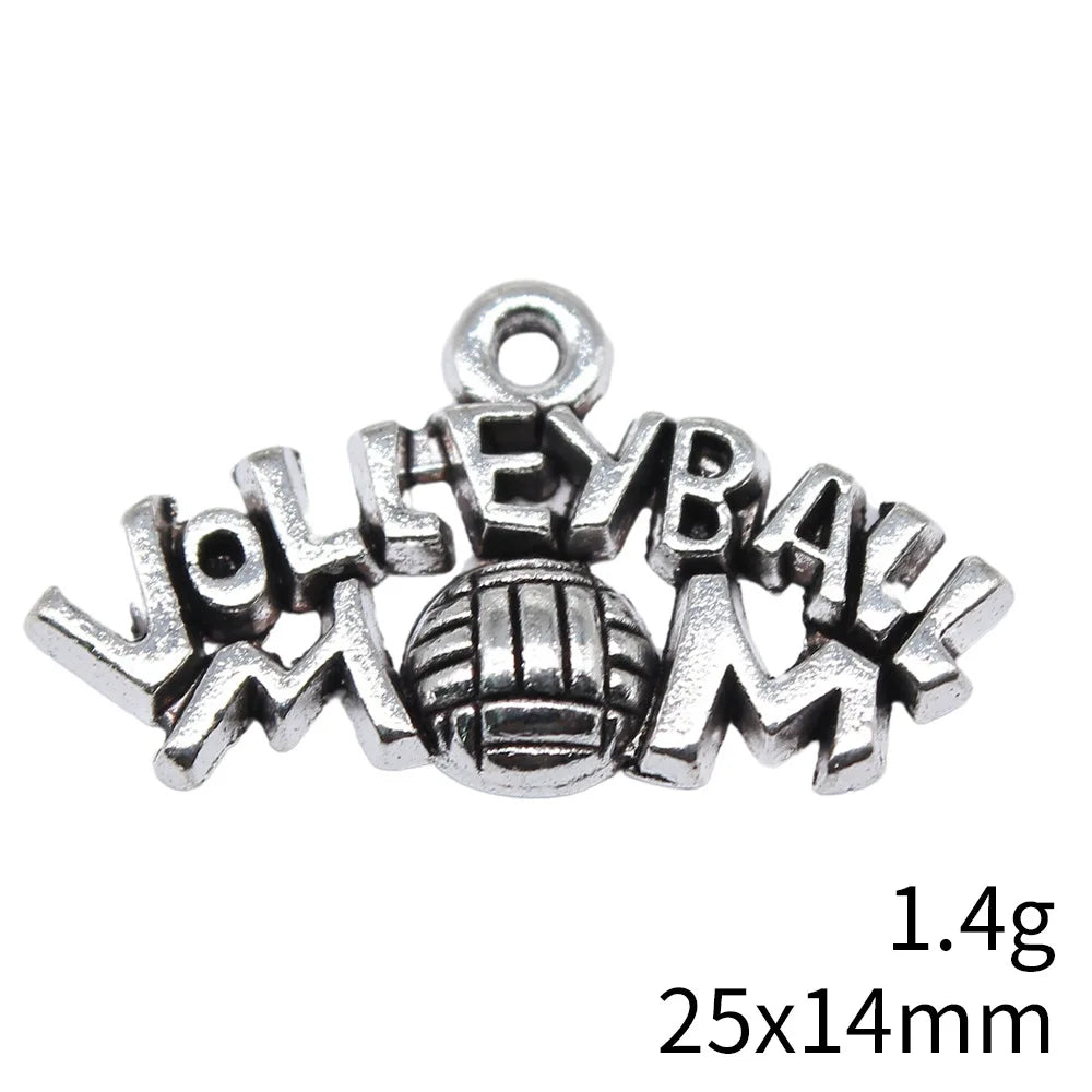 25x14mm 1.4g Antique Silver Zinc Alloy Volleyball MOM Charm Pendant for DIY Sports Jewelry Making