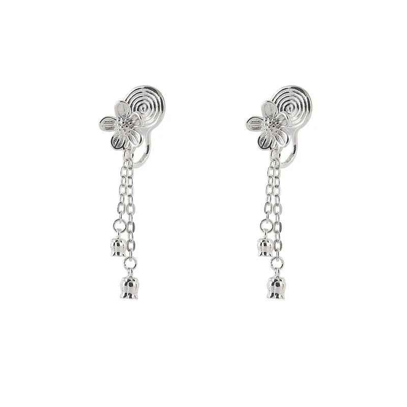 Elegant Silver Alloy Lily Of The Valley Flower Tassel Stud & Clip On No Piercing Dangle Earrings