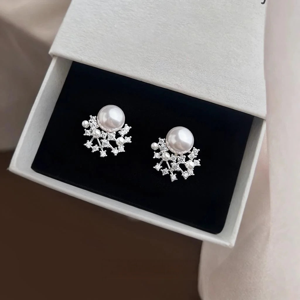 Light Luxury Copper Pearl Flower Geometric Zircon Pave Stud Earrings