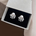 Light Luxury Copper Pearl Flower Geometric Zircon Pave Stud Earrings