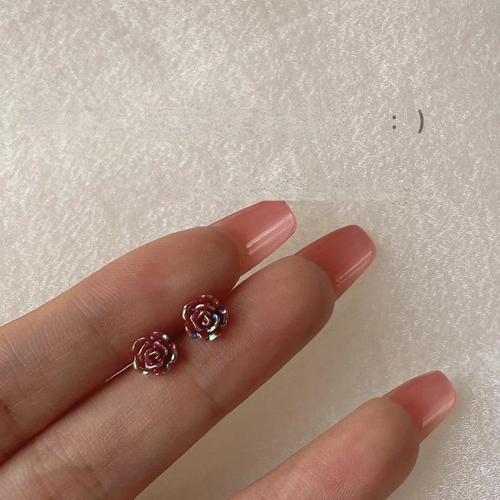 Mini Red Rose Resin Stud Earrings For Women Silver Plated Pin Simple Korean Style