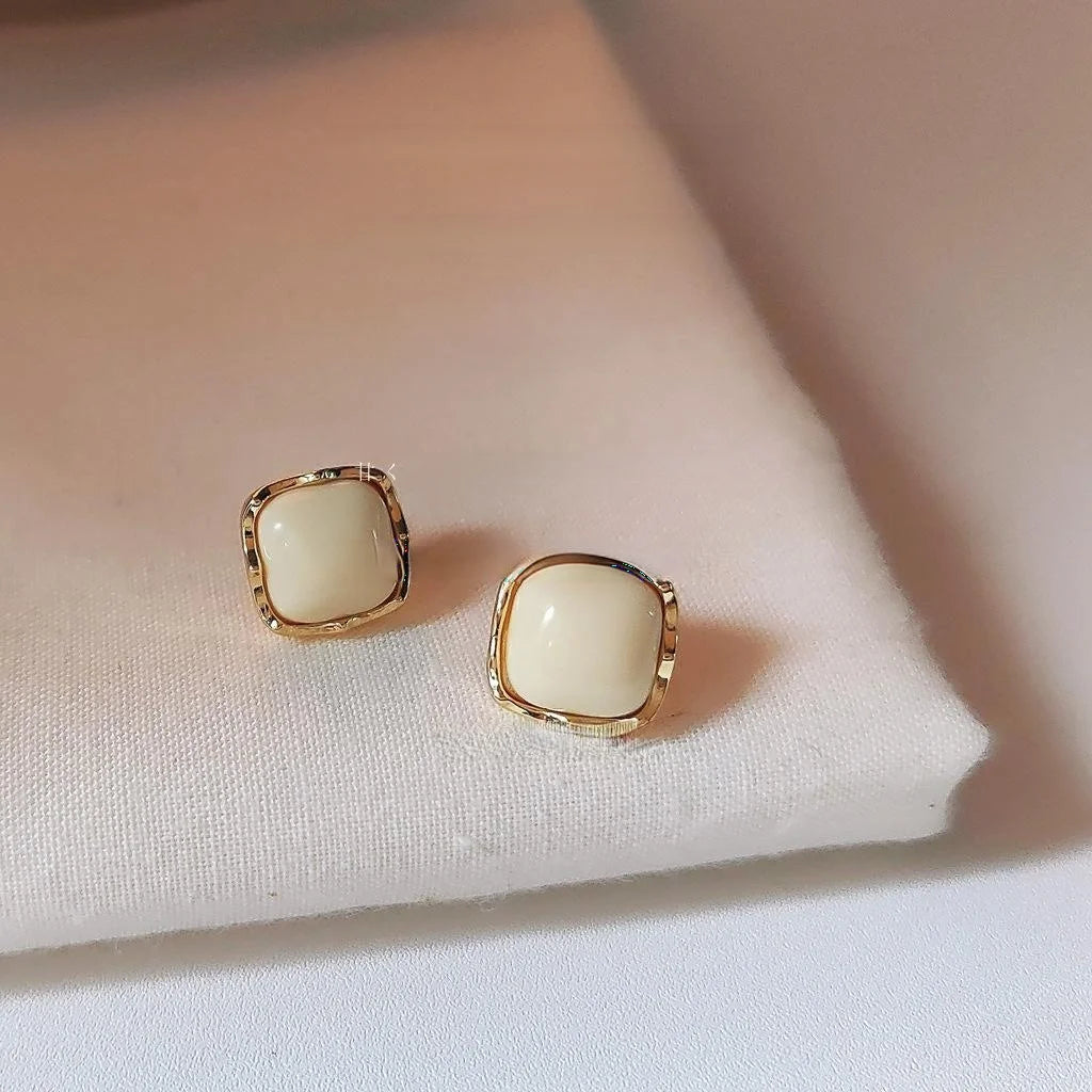 Caramel Milk White 14K Plated Copper Square Stud Earrings For Women Minimalist Sweet Jewelry