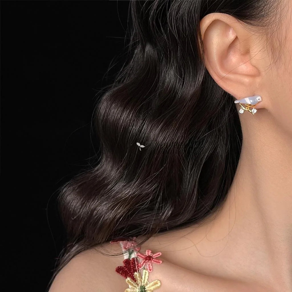 Copper Enamel Painted Bird Stud Earrings With Micro Pave Zircon, Forest Style Silver Plated Pins