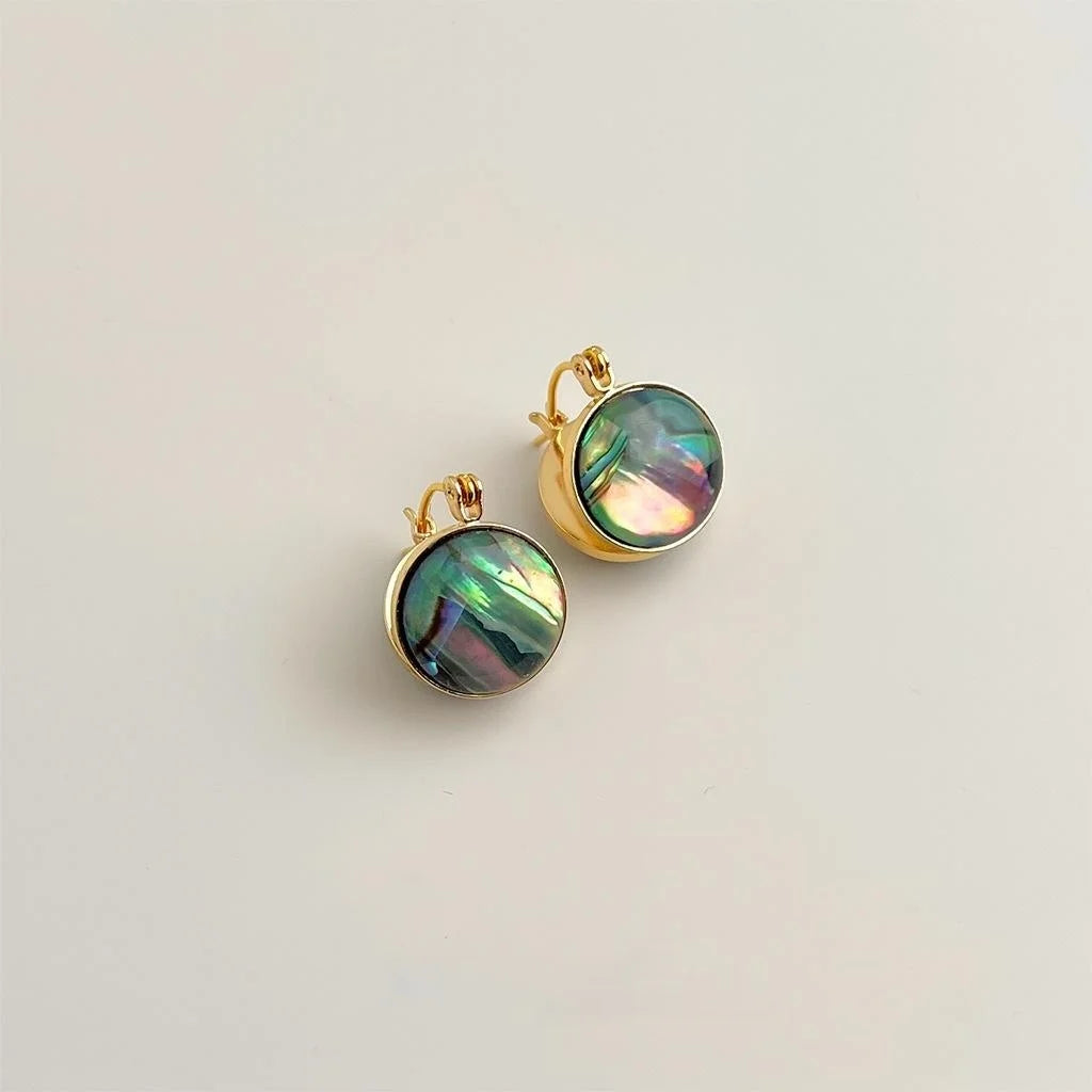 Vintage Style Round Geometric Abalone Shell Copper Double Sided Drop Earrings