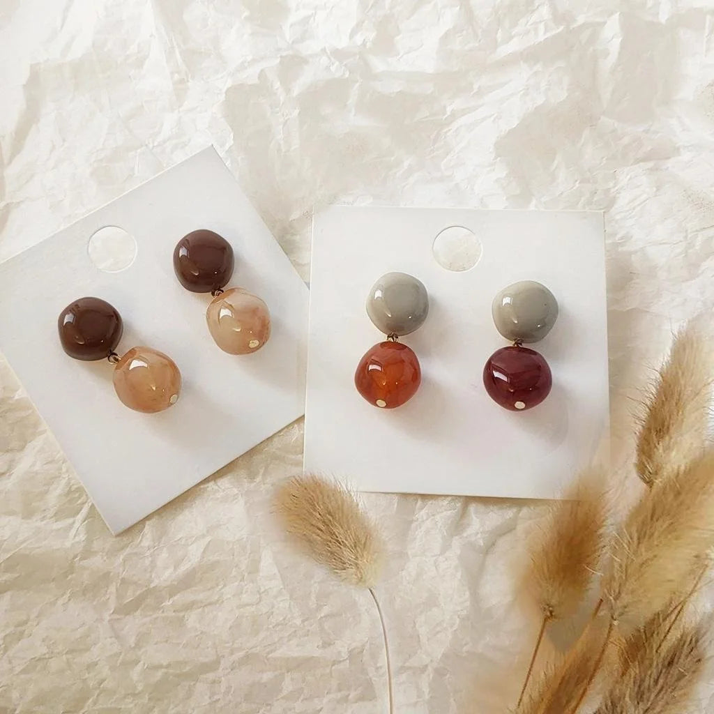 Vintage Korean Caramel Milk Tea Resin Acetate Round Ball Drop Earrings